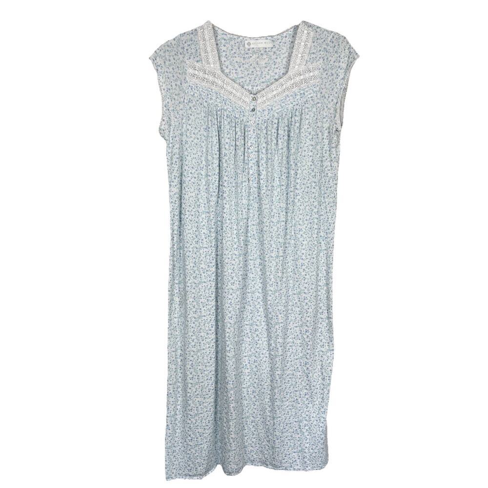 Eileen West Nightgown Size M Blue White Long Floral Flannel Cottagecore Prairie